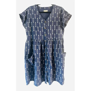 Peyton & Parker Blue White Ikat Print Cap Sleeve Casual Summer Dress Size Small
